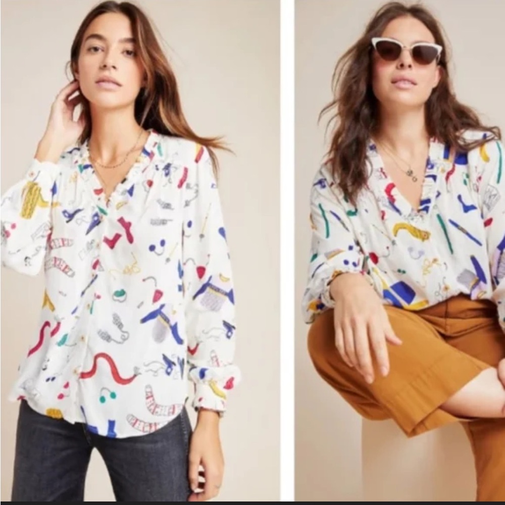 Anthropologie Maeve Marisol Printed Button Down Blouse XS White Multicolor Top